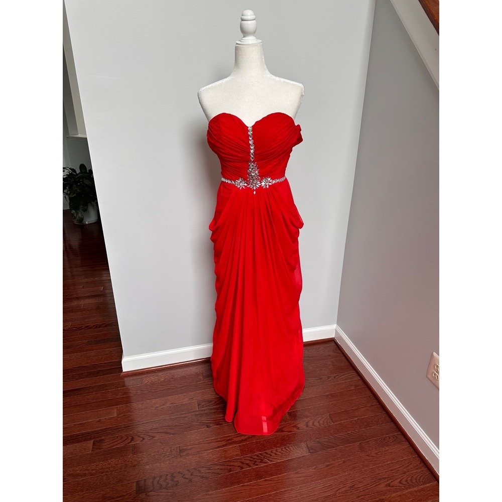 Handmade Designer Red Silver Rhinestone‎ Embellished Formal Prom Dress XS